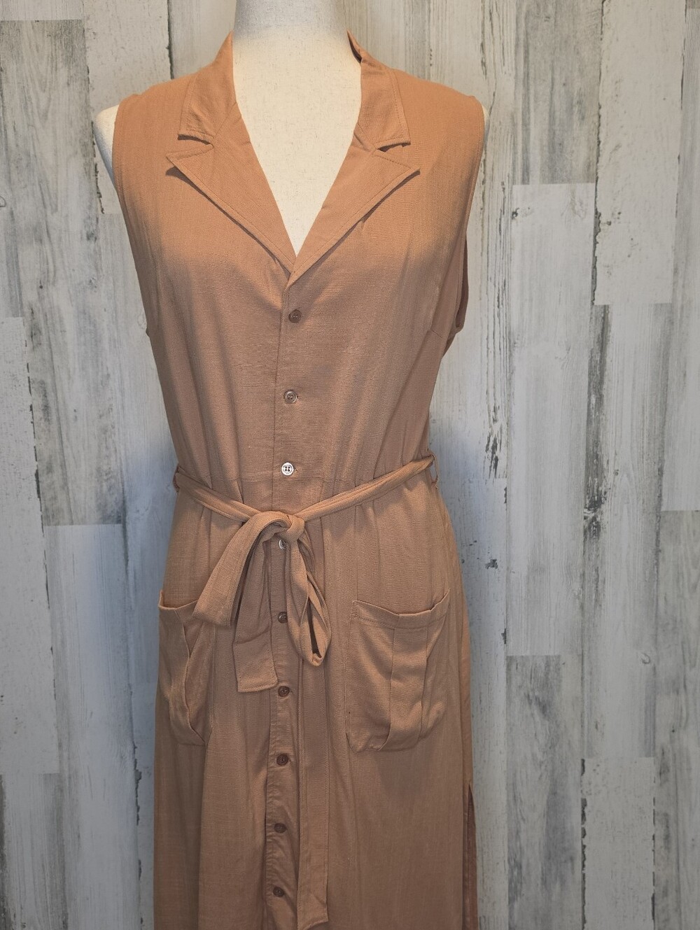 Rokoko by Dazz USA Sleeveless Shirt Dress Womens Large Camel Tan Belted Midi NWT
